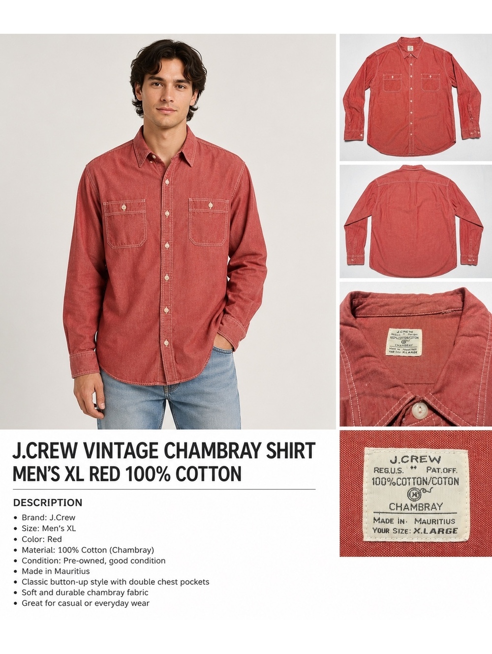 Crew Men’s XL Red Chambray Button-Up Shirt 100% Cotton Long Sleeve